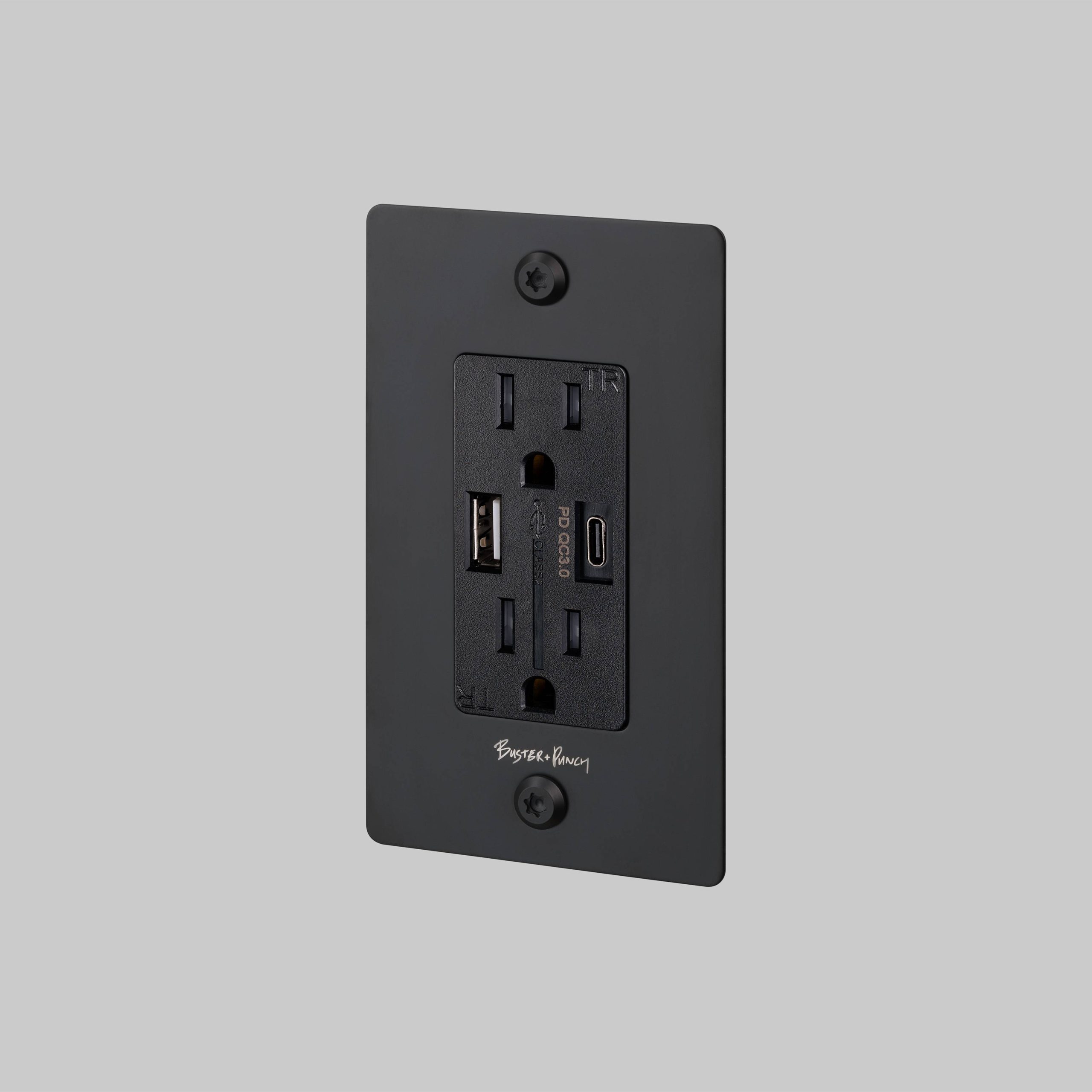 1G DUPLEX OUTLET / USB A + C / LINEAR / WITH LOGO / BLACK