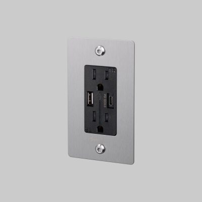 1G DUPLEX OUTLET / USB A + C / LINEAR / WITH LOGO / STEEL